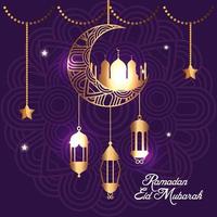 Ramadan Kareem Poster mit Mond und Laternen hängen vektor