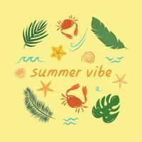 Illustration mit Krabben Muscheln und tropisch Blätter das Inschrift Sommer- Stimmung vektor