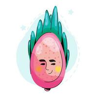 Pitahaya Drachenfrucht komisch Charakter. gesund Essen Karikatur Charakter auf ein Blau abstrakt Flecken Hintergrund. Vektor Obst Illustration