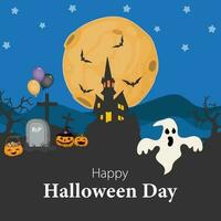 Halloween Hintergrund mit dunkel Schloss, gespenstisch Kürbis und Geist auf Blau Mond Hintergrund Vektor