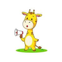 süß glücklich Giraffe halten Megaphon Karikatur Charakter auf Weiß Hintergrund Vektor Illustration. komisch bezaubernd Tier Konzept Design.