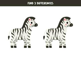 finden drei Unterschiede zwischen zwei Bilder von süß Zebras. Spiel zum Kinder. vektor