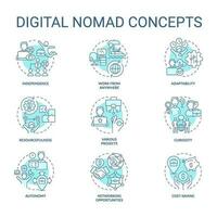 Digital Nomade Türkis Konzept Symbole Satz. Fachmann Freiberufler. Laptop Lebensstil. Generation z. Fernbedienung arbeiten. machen Geld online Idee dünn Linie Farbe Illustrationen. isoliert Symbole. editierbar Schlaganfall vektor