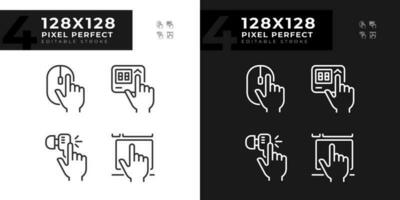Hände drücken Schlüssel auf Geräte Pixel perfekt linear Symbole einstellen zum dunkel, Licht Modus. elektronisch Gadgets Verwendung. dünn Linie Symbole zum Nacht, Tag Thema. isoliert Illustrationen. editierbar Schlaganfall vektor