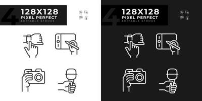 Hände mit anders Geräte Pixel perfekt linear Symbole einstellen zum dunkel, Licht Modus. Digital Technologie. Gadget Verwendung. dünn Linie Symbole zum Nacht, Tag Thema. isoliert Illustrationen. editierbar Schlaganfall vektor