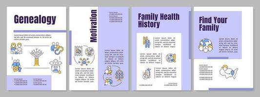 Genealogie lila Broschüre Vorlage. Familie Gesundheit Geschichte. Flugblatt Design mit linear Symbole. editierbar 4 Vektor Layouts zum Präsentation, jährlich Berichte