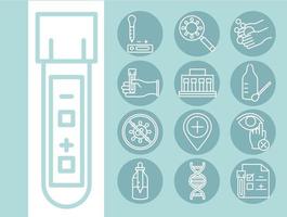 Coronavirus Covid 19 Diagnostikforschung medizinische Geräte Testergebnisse und Präventionssymbole Liniendesign vektor