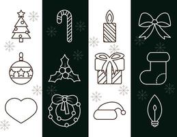 Frohe Weihnachten Dekoration Ornamente Saison Feier festliche Linie Symbole Stil gesetzt vektor