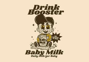 årgång teckning av bebis karaktär innehav en glas av mjölk vektor
