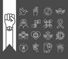 Menschenrechte Tag Linie Icons Set Design inklusive erhobene Hand Taube Frieden Band Herz vektor