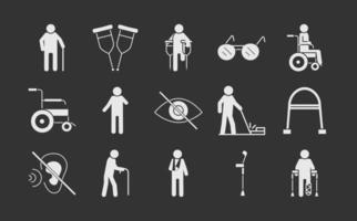 Welt-Behinderungs-Tag-Silhouette-Symbole setzen schwarzen Hintergrund vektor