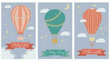 Vektor einstellen mit drei Postkarten zum Neugeborene mit süß wenig heiß Luft Ballons im das Himmel