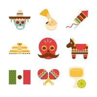 mexikanische ikonen stellten festliches traditionelles flaches design der dekorationsfeier ein vektor