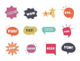 slang bubblar olika ord och fraser i flerfärgad tecknad omg kyss bye platt ikoner set vektor
