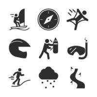 Extremsport aktiver Lebensstil Boxen Wingsuit Tracking Saliboat Silhouette Icons Set Design vektor