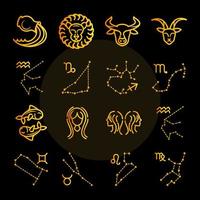 Sternzeichen Astrologie Horoskop Kalender Konstellation Steinbock Löwe Stier Zwillinge Icons Sammlung Farbverlauf Stil schwarzer Hintergrund vektor