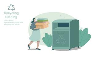 Frau halten Stapel von Kleider oder Textilien zu spenden, recyceln und nachhaltig Umwelt Pflege Konzept auf Mode. Vektor Design Illustration.