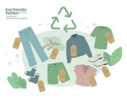 Öko freundlich Kleidung nachhaltig, Recycling Textil, organisch Baumwolle Stoff, recyceln und Umwelt Pflege Konzept auf Mode. Vektor Design Illustration.