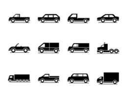 bilmodell lastbil container pickup container transport fordon siluett stil ikoner set design vektor
