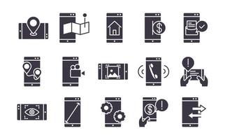 Smartphone-Gerätetechnologie digitale App und Conection Silhouette Style Design Icons Set vektor