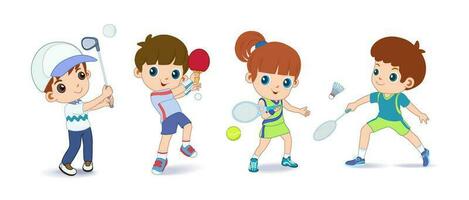 Lycklig barn spelar sport spel, håller på med fysisk träning. Träning uppsättning. aktiva friska barndom. platt vektor tecknad serie illustration isolerat på vit bakgrund