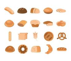 bröd meny bageri mat produkt platt stil ikoner set vektor