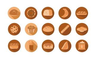 bröd meny bageri mat produkt block och platt ikoner set vektor