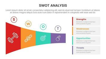 SWOT analys begrepp med för infographic mall baner med krympa form låda rätt kolumn beskrivning fyra punkt lista information vektor