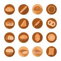 bröd meny bageri mat produkt block och platt ikoner set vektor