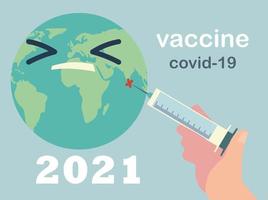 Hand, die Immunität Planetenschutz Covid 19-Impfstoff gibt vektor