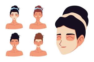 ansikten tecknade kvinnor som applicerar kräm som tar hand om hennes hud vektor