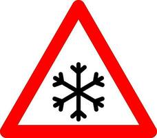 snöfall tecken. snöfall varning tecken. röd triangel tecken med en snöflinga ikon inuti. varning, snöfall, hal väg. väg tecken snöfall. snö och is tecken. vektor