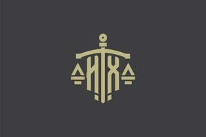Brief hx Logo zum Gesetz Büro und Rechtsanwalt mit kreativ Rahmen und Schwert Symbol Design vektor