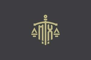 Brief mx Logo zum Gesetz Büro und Rechtsanwalt mit kreativ Rahmen und Schwert Symbol Design vektor