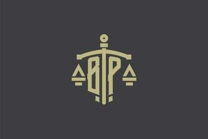 Brief bp Logo zum Gesetz Büro und Rechtsanwalt mit kreativ Rahmen und Schwert Symbol Design vektor
