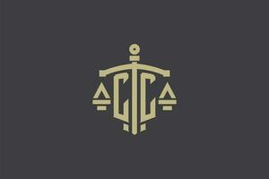 Brief cc Logo zum Gesetz Büro und Rechtsanwalt mit kreativ Rahmen und Schwert Symbol Design vektor