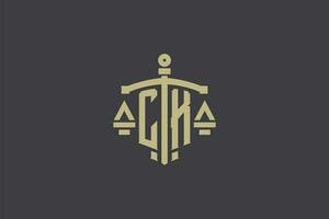 Brief ck Logo zum Gesetz Büro und Rechtsanwalt mit kreativ Rahmen und Schwert Symbol Design vektor