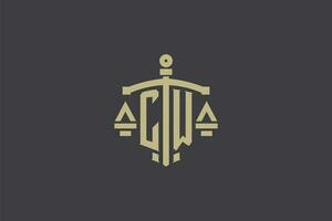 Brief cw Logo zum Gesetz Büro und Rechtsanwalt mit kreativ Rahmen und Schwert Symbol Design vektor