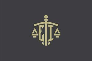 Brief ei Logo zum Gesetz Büro und Rechtsanwalt mit kreativ Rahmen und Schwert Symbol Design vektor