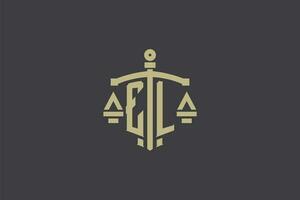 Brief el Logo zum Gesetz Büro und Rechtsanwalt mit kreativ Rahmen und Schwert Symbol Design vektor