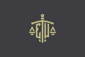 Brief ew Logo zum Gesetz Büro und Rechtsanwalt mit kreativ Rahmen und Schwert Symbol Design vektor