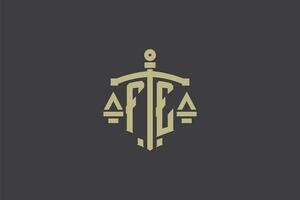 brev fe logotyp för lag kontor och advokat med kreativ skala och svärd ikon design vektor