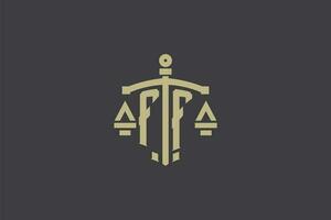 Brief ff Logo zum Gesetz Büro und Rechtsanwalt mit kreativ Rahmen und Schwert Symbol Design vektor