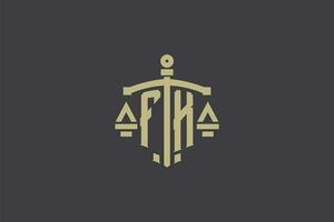 Brief fk Logo zum Gesetz Büro und Rechtsanwalt mit kreativ Rahmen und Schwert Symbol Design vektor