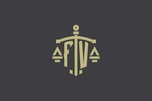 brev fv logotyp för lag kontor och advokat med kreativ skala och svärd ikon design vektor