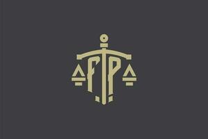 Brief fp Logo zum Gesetz Büro und Rechtsanwalt mit kreativ Rahmen und Schwert Symbol Design vektor