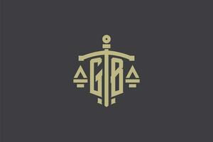 Brief gb Logo zum Gesetz Büro und Rechtsanwalt mit kreativ Rahmen und Schwert Symbol Design vektor