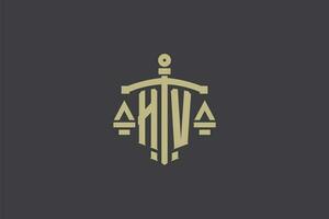 Brief hv Logo zum Gesetz Büro und Rechtsanwalt mit kreativ Rahmen und Schwert Symbol Design vektor