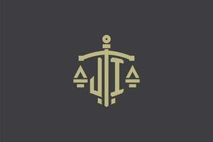 Brief ji Logo zum Gesetz Büro und Rechtsanwalt mit kreativ Rahmen und Schwert Symbol Design vektor