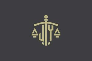 Brief jy Logo zum Gesetz Büro und Rechtsanwalt mit kreativ Rahmen und Schwert Symbol Design vektor